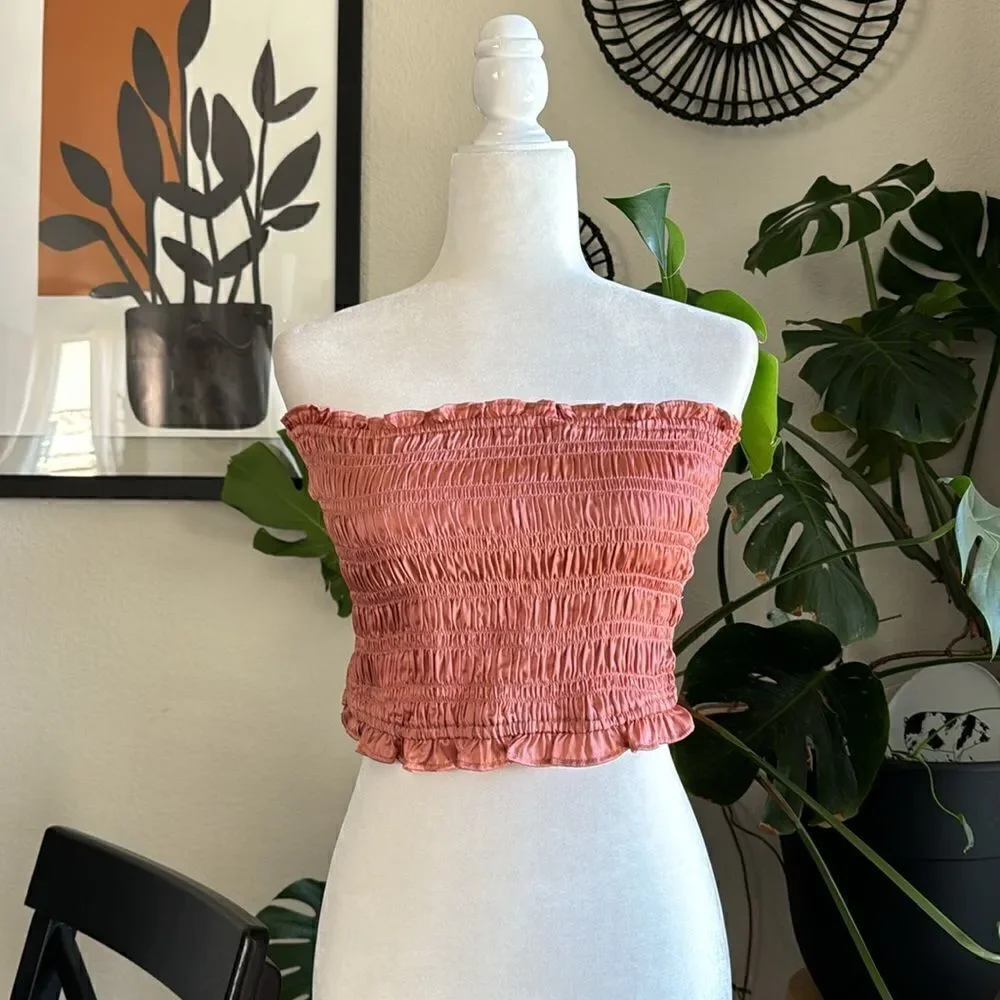 NWOT Free People Be Right Back Tube Smocked Ruffled Rose Gold Strapless Shiny